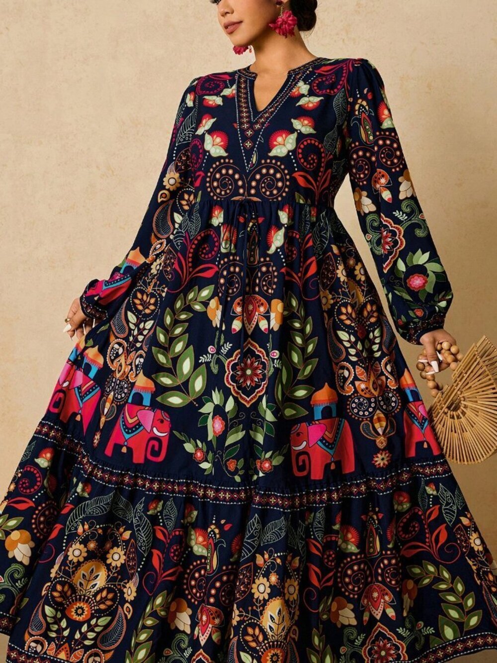 Boho Women's Navy Blue Plus Size Floral Long Sleeve maxi Dress